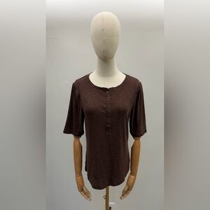 GAP Ribbed Henley Top Brown Short Sleeve Button Front Cotton Size L